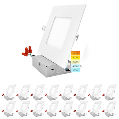 Luxrite 6" Square Ultra Thin LED Recessed Downlight 5 CCT Selectable 2700K-5000K 12W 1000LM Dimmable 16-Pack LR23764-16PK